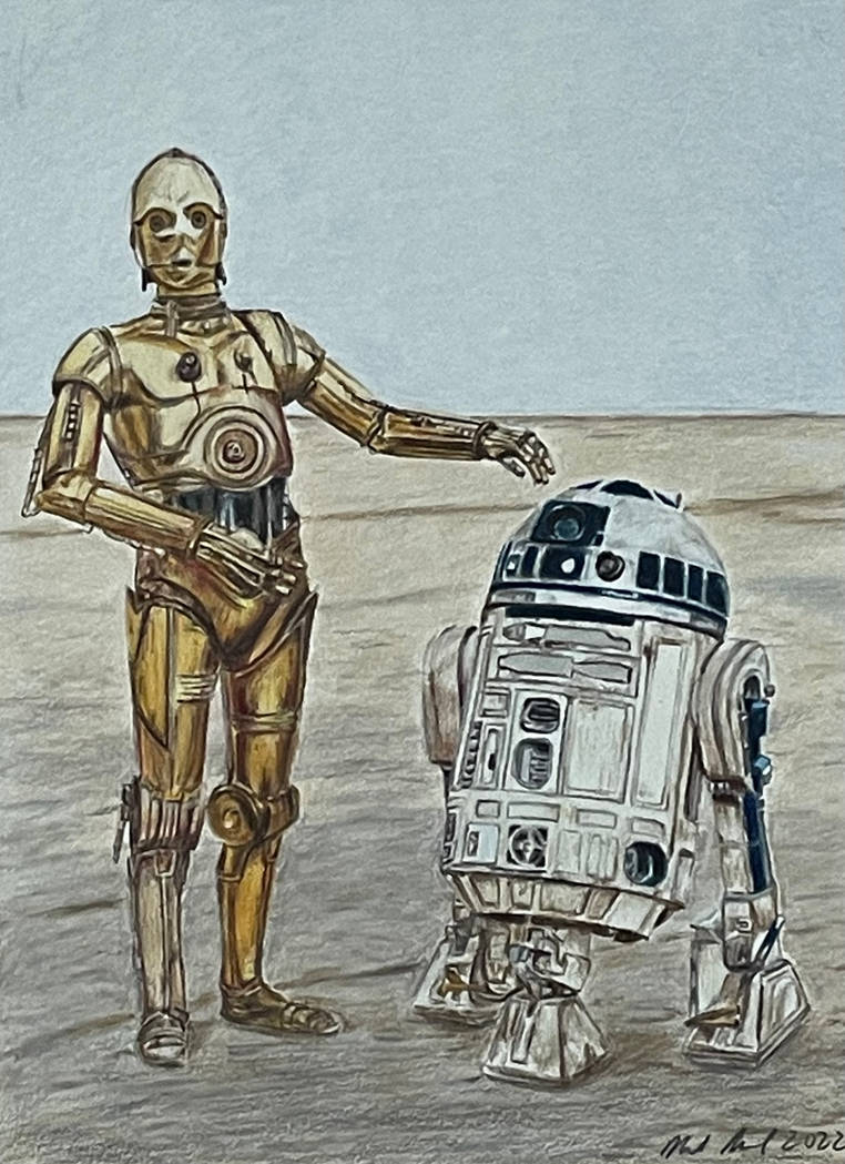 C-3PO and R2-D2, a traditional drawing by Mark Russinovich