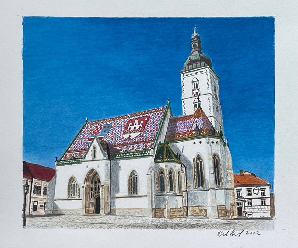 St. Mark's Cathedral, Zagreb, a traditional drawing by Mark Russinovich